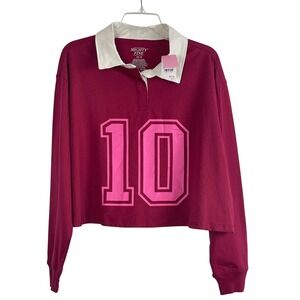00663 Mighty Fine Rugby Shirt Cropped Long Sleeve Burgundy Pink 10 Graphic L NWT
